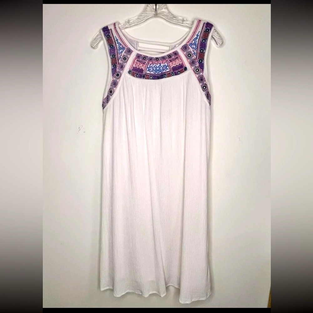 Xhilaration Boho Chic Shift Dress Women’s Size XL Embroidered Ivory Crinkled